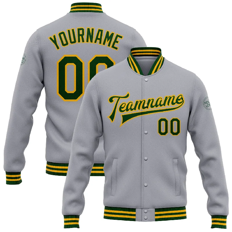 Functional And Stylish Unisex Wear Latest Fashion Custom Gray Green-Gold Bomber Full-Snap Varsity Letterman Jacket