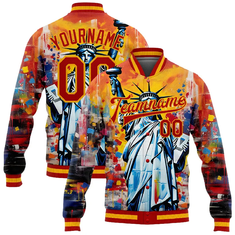 Everyday Wear For Men And Women Popular Collection Custom Gold Red Statue of Liberty Independence Day 3D Pattern Design Bomber Full-Snap Varsity Letterman Jacket