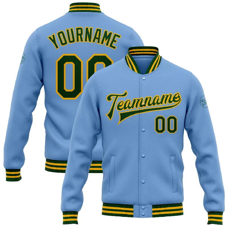 Soft And Breathable Unisex Loungewear Vibrant Style Promotions Custom Light Blue Green-Gold Bomber Full-Snap Varsity Letterman Jacket
