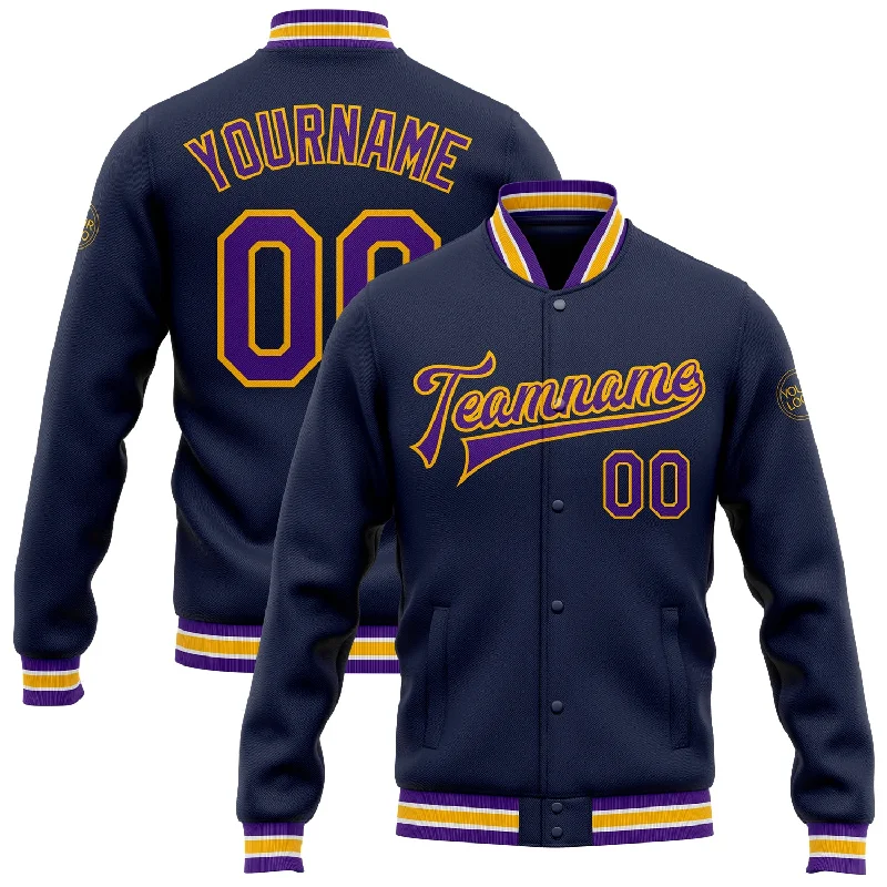 Classic And Timeless Gender-Neutral Fashion Easy Elegance Sales Custom Navy Purple-Gold Bomber Full-Snap Varsity Letterman Jacket