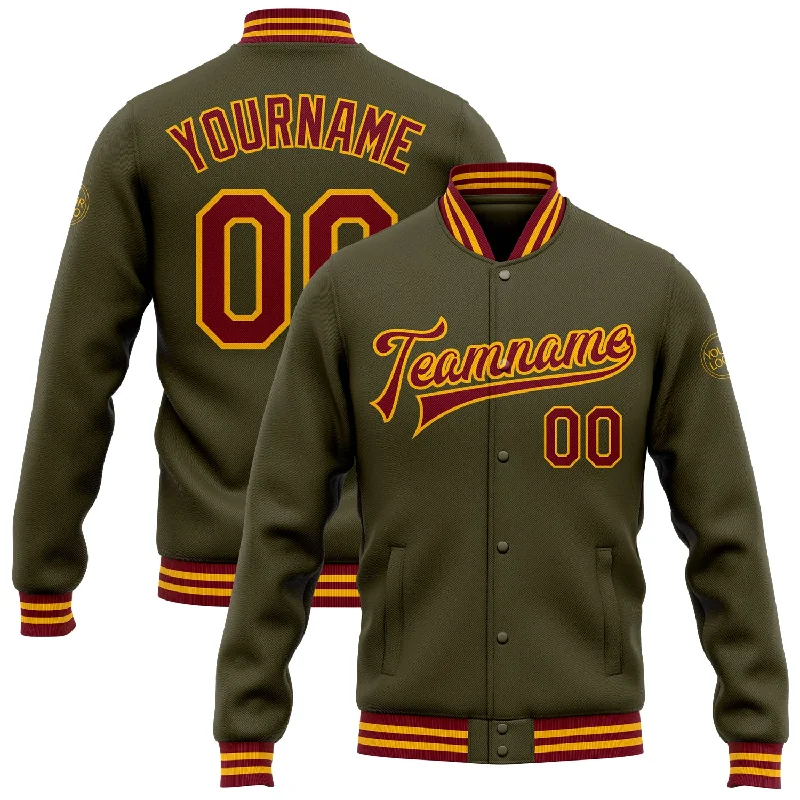 Bold And Trendy Gender-Neutral Outfits Style Revolution Custom Olive Crimson-Gold Bomber Full-Snap Varsity Letterman Salute To Service Jacket