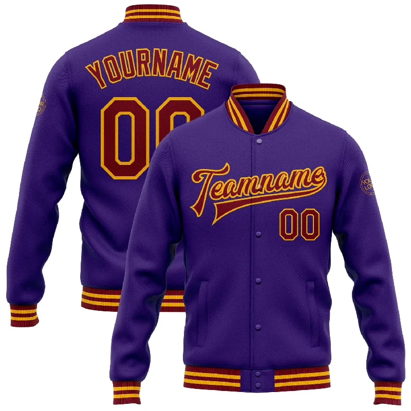 Minimalist Unisex Wardrobe Must-Haves Durable Fashion Picks Custom Purple Crimson-Gold Bomber Full-Snap Varsity Letterman Jacket