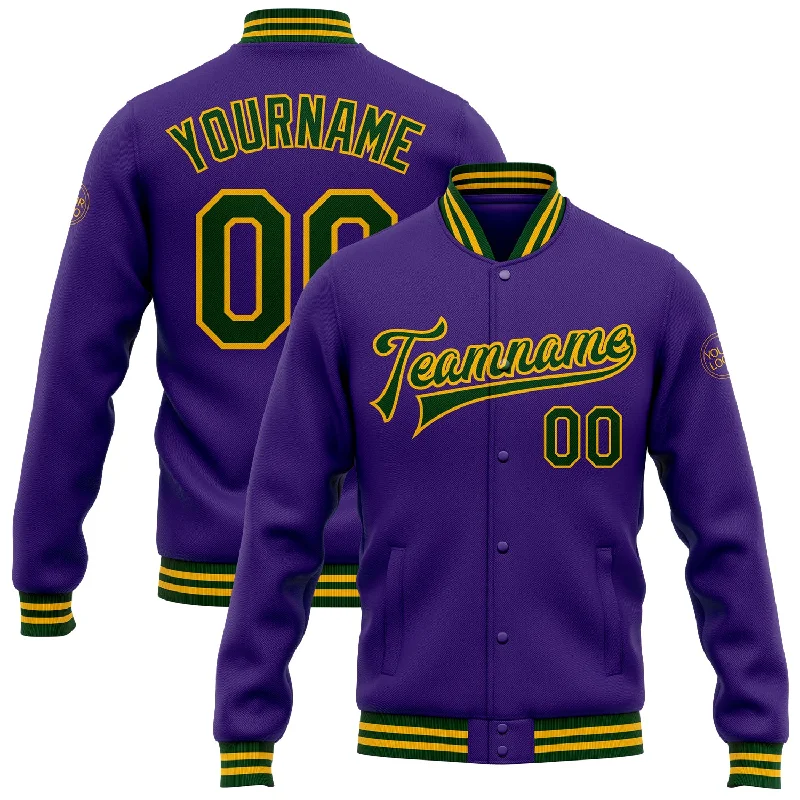 Fashion-Forward Gender-Neutral Outerwear Mega Sale Custom Purple Green-Gold Bomber Full-Snap Varsity Letterman Jacket