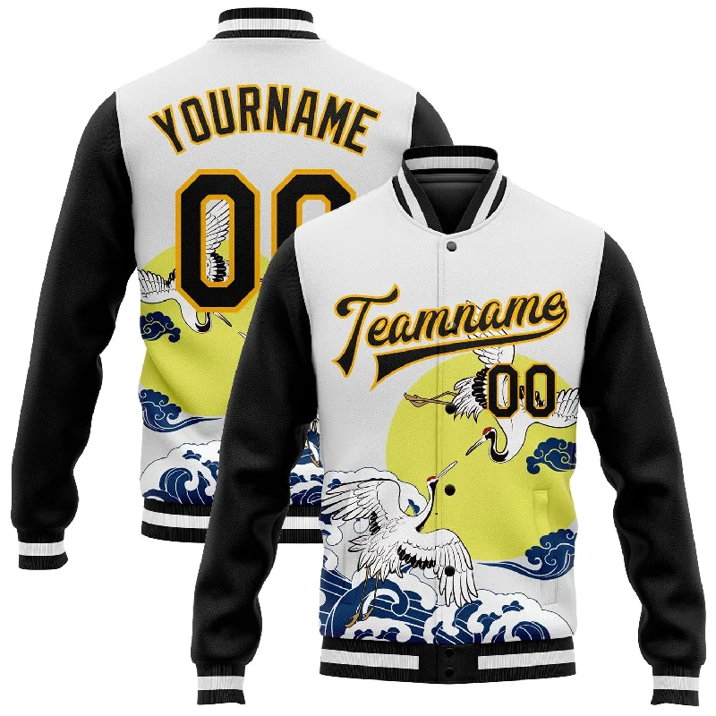 Sleek And Comfortable Unisex Wear Unleash Your Style Custom White Black-Gold Heron And Wave 3D Pattern Design Bomber Full-Snap Varsity Letterman Jacket