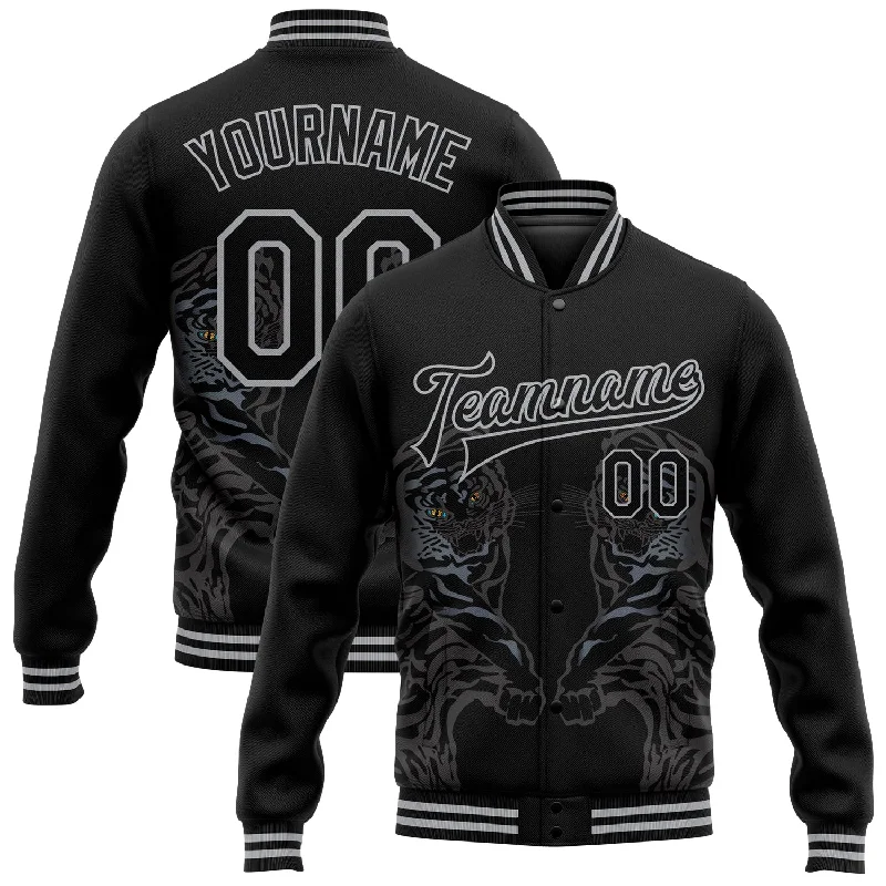 Modern Unisex Clothing For Any Occasion Fashion Frontiers Custom Black Gray Tiger 3D Pattern Design Bomber Full-Snap Varsity Letterman Jacket