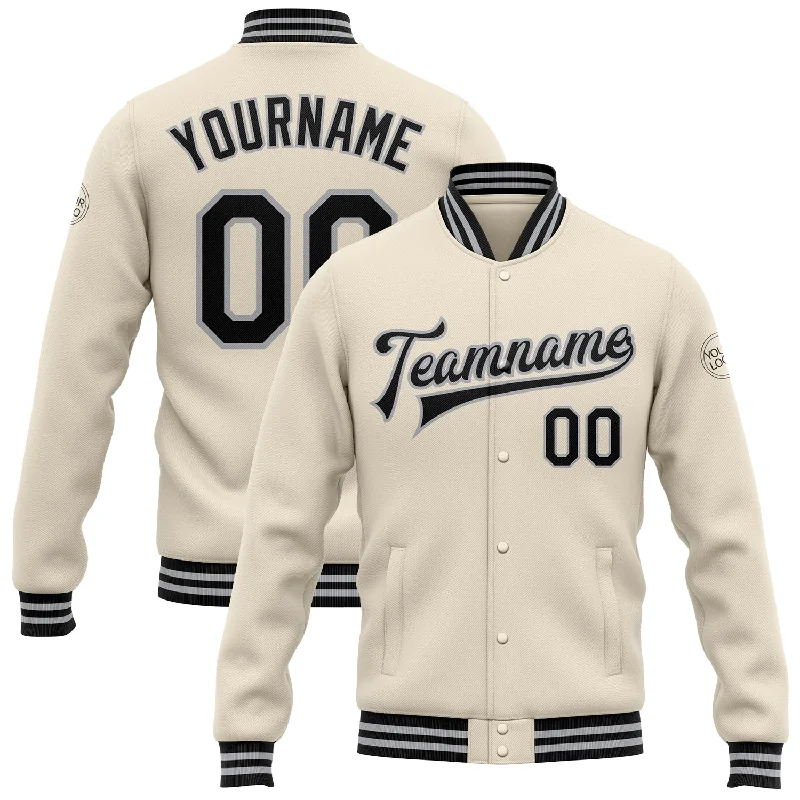 Elegant And Minimal Gender-Free Clothing Flash Sales Custom Cream Black-Gray Bomber Full-Snap Varsity Letterman Jacket