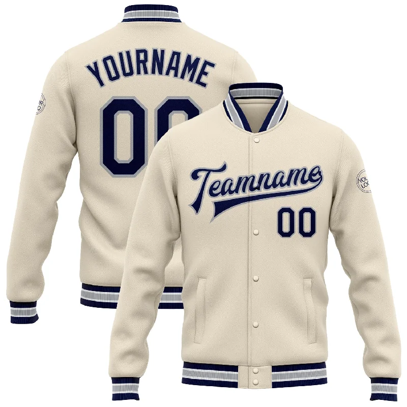 Effortless And Modern Unisex Dressing Fashionable Comfort Promotions Custom Cream Navy-Gray Bomber Full-Snap Varsity Letterman Jacket
