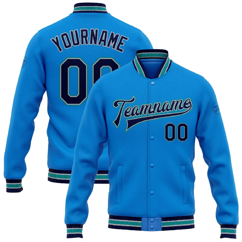 Classic And Timeless Unisex Style Contemporary Fashion Sale Custom Powder Blue Navy Gray-Teal Bomber Full-Snap Varsity Letterman Jacket