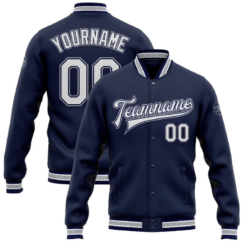 Lightweight And Breathable Unisex Wear Polished Style Deals Custom Navy White-Gray Bomber Full-Snap Varsity Letterman Jacket