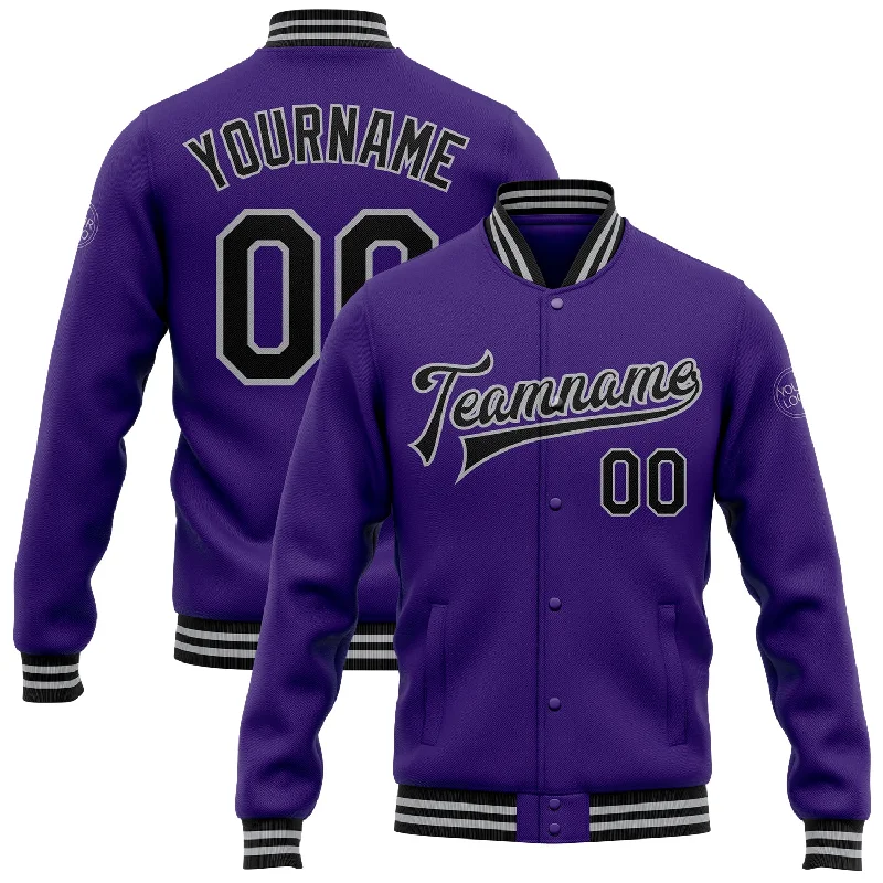 Minimalist Unisex Fashion Must-Haves Stylish Savings Custom Purple Black-Gray Bomber Full-Snap Varsity Letterman Jacket