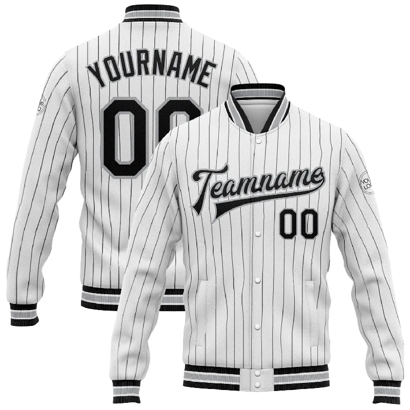 Contemporary Gender-Free Clothing Styles Sporty Fashion Offers Custom White Black Pinstripe Gray Bomber Full-Snap Varsity Letterman Jacket