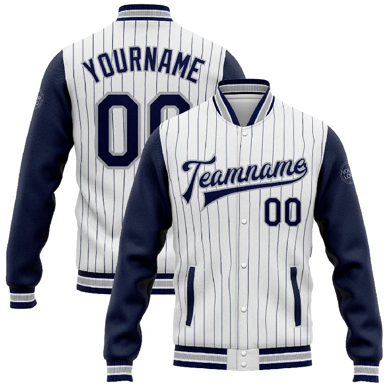 Oversized Unisex Fashion Pieces Classic Elegance Sales Custom White Navy Pinstripe Gray Bomber Full-Snap Varsity Letterman Two Tone Jacket