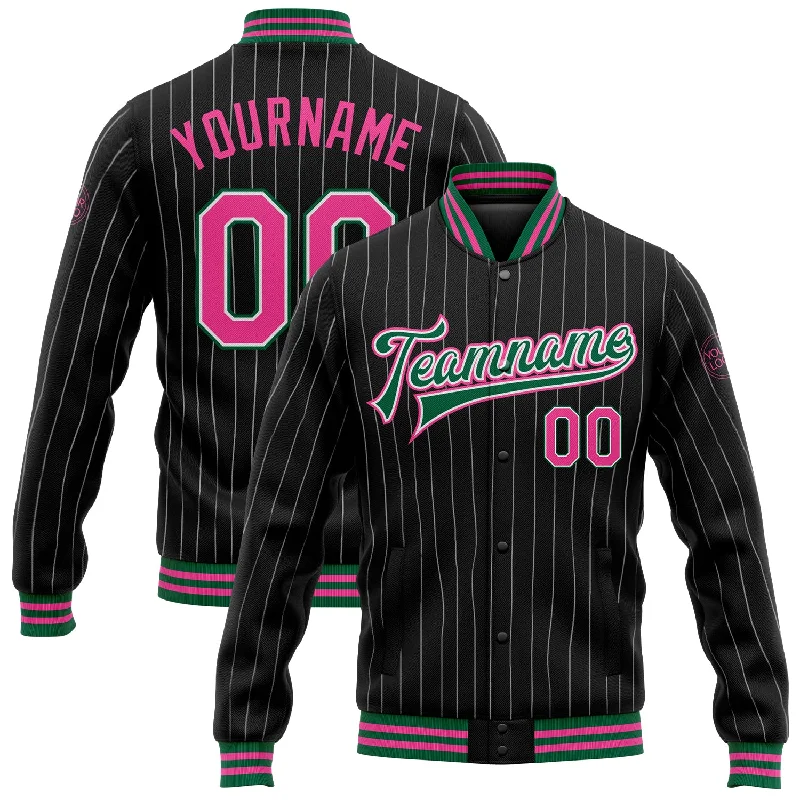 Lightweight And Breathable Unisex Wear Best Deals Of The Season Custom Black White Pinstripe Pink-Kelly Green Bomber Full-Snap Varsity Letterman Jacket