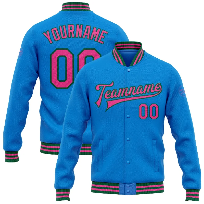 Modern Unisex Wardrobe Staples Classy Style Discounts Custom Powder Blue Pink-Kelly Green Bomber Full-Snap Varsity Letterman Jacket