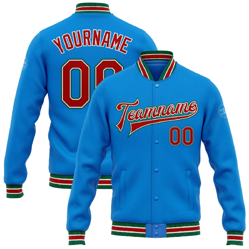 Modern Unisex Streetwear Outfits Sporty Fashion Offers Custom Powder Blue Red-Kelly Green Bomber Full-Snap Varsity Letterman Jacket
