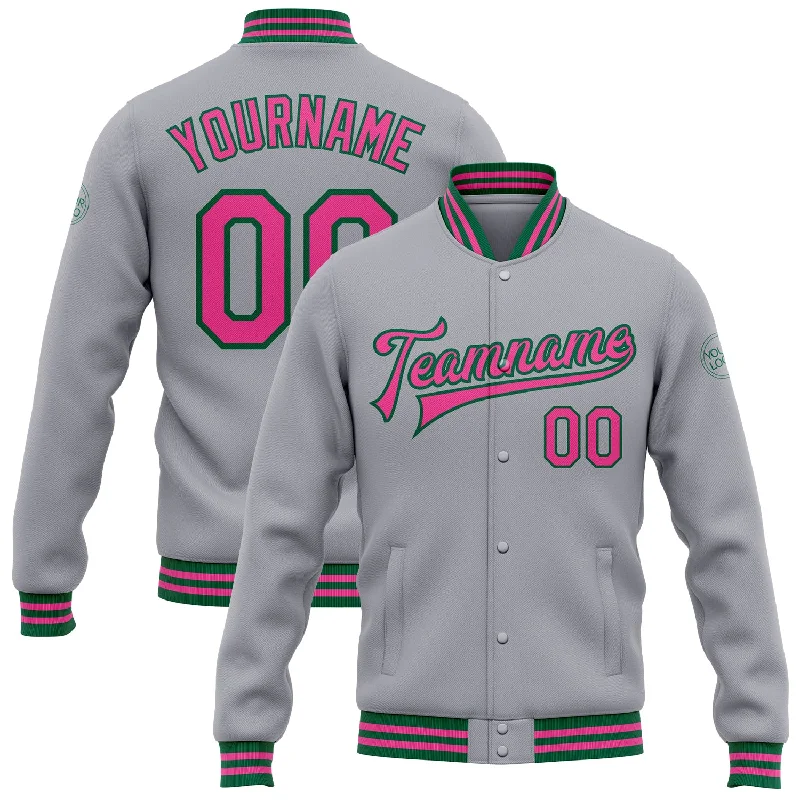 Casual Yet Sophisticated Unisex Fashion Hot Trends Custom Gray Pink-Kelly Green Bomber Full-Snap Varsity Letterman Jacket