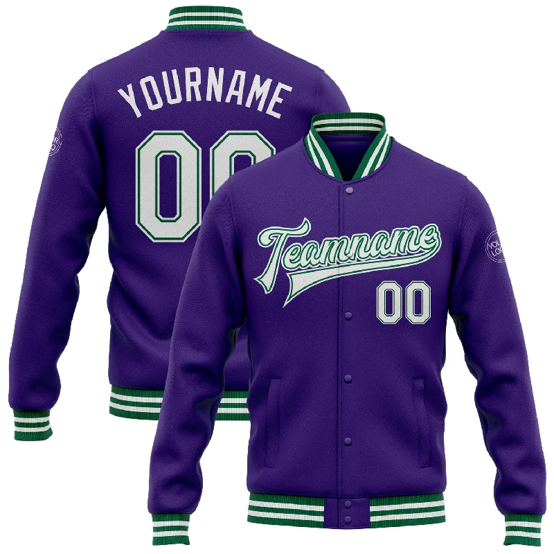 Lightweight And Breathable Unisex Wear Holiday Glam Custom Purple White-Kelly Green Bomber Full-Snap Varsity Letterman Jacket