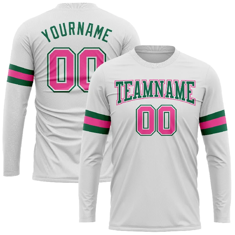High-Quality Unisex Fashion Basics Premium Style Custom White Pink-Kelly Green Long Sleeve Performance T-Shirt