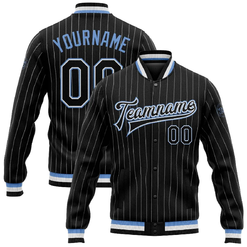 Elegant And Minimal Gender-Free Clothing Final Sale Custom Black White Pinstripe Light Blue Bomber Full-Snap Varsity Letterman Jacket