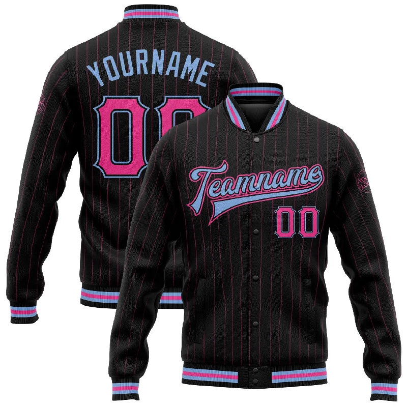 Gender-Neutral Fashion For Everyday Style Special Offers, Don't Miss Custom Black Pink Pinstripe Light Blue Bomber Full-Snap Varsity Letterman Jacket