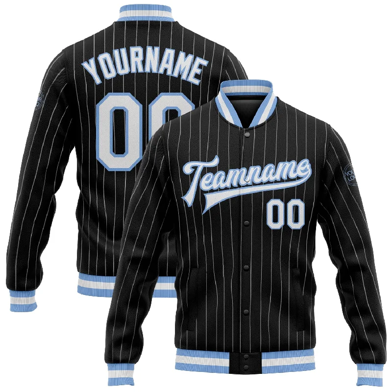 Versatile And Stylish Unisex Apparel Exclusive Discounts Custom Black White Pinstripe Light Blue Bomber Full-Snap Varsity Letterman Jacket