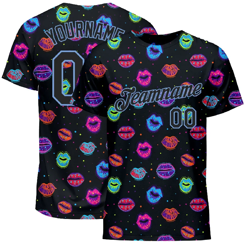 Comfortable And Stylish Unisex Outfits Discover Promotions Custom Graffiti Pattern Black-Light Blue 3D Dots And Kiss Lips Performance T-Shirt