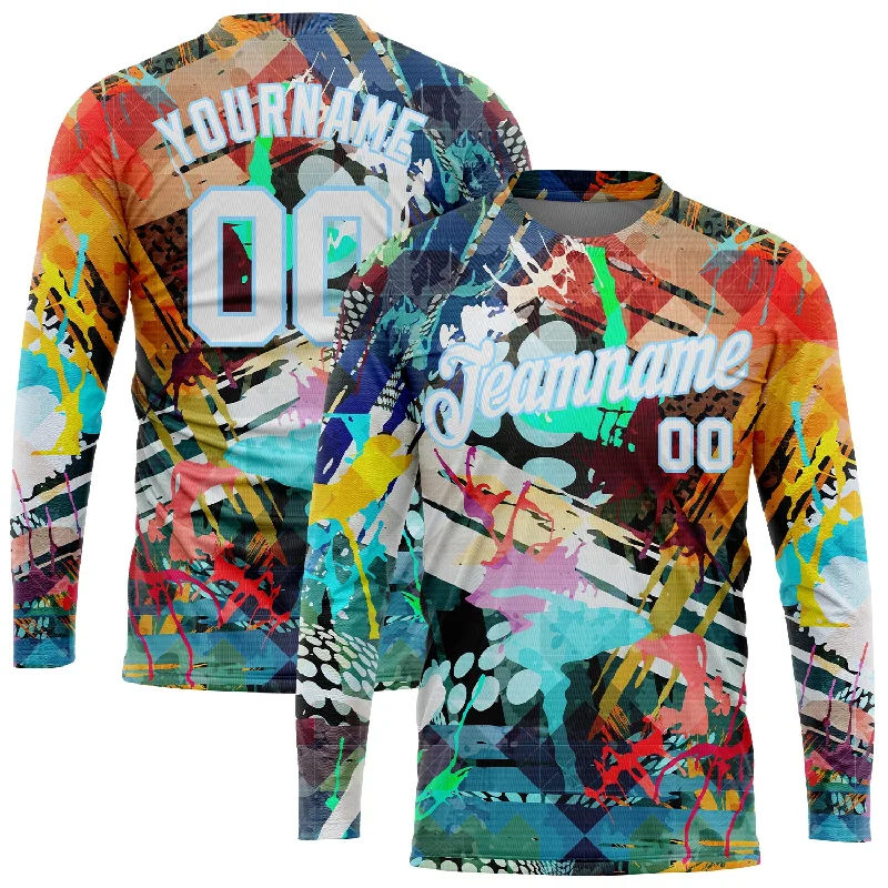 Bold And Trendy Gender-Neutral Outfits Summer Deals Custom Graffiti Pattern White-Light Blue Colored Abstract 3D Long Sleeve Performance T-Shirt