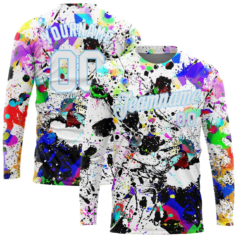 Relaxed-Fit Unisex Clothing Options Budget Friendly Custom Graffiti Pattern White-Light Blue Splashes 3D Long Sleeve Performance T-Shirt