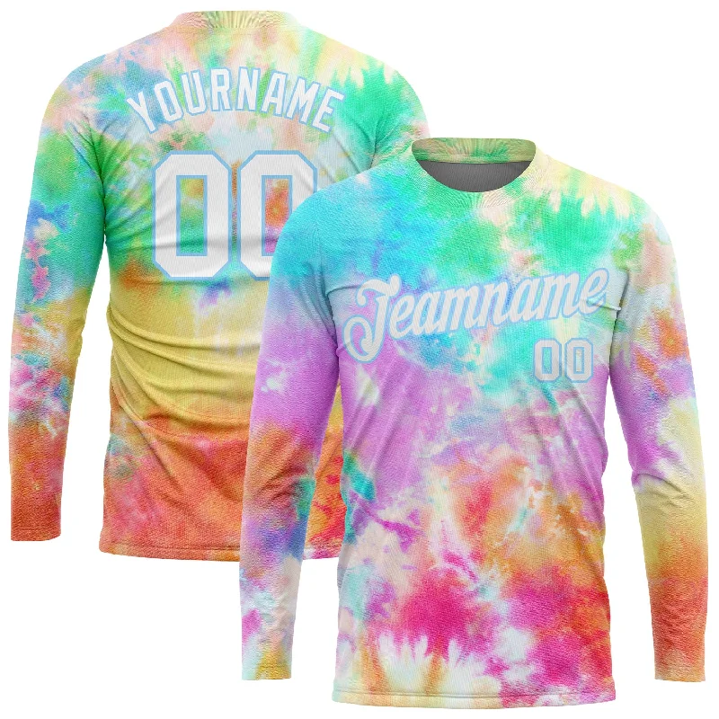 Sustainable And Ethical Unisex Clothing Polished Style Deals Custom Tie Dye White-Light Blue Rainbow 3D Long Sleeve Performance T-Shirt