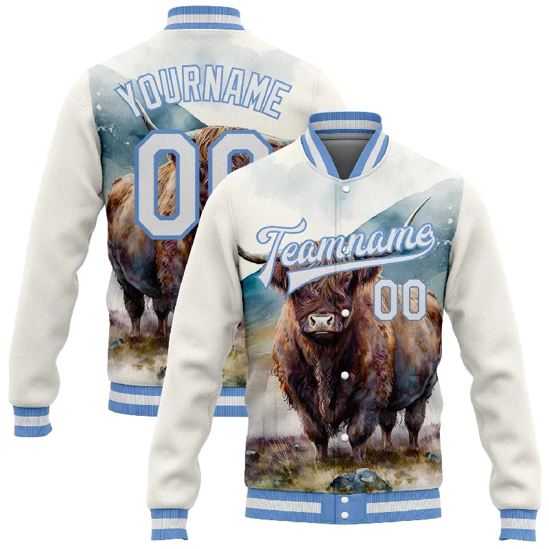 Chic And Casual Unisex Fashion Trends Casual Yet Chic Sales Custom White Light Blue A Bull In Tropical Exotic Jungle 3D Pattern Design Bomber Full-Snap Varsity Letterman Jacket
