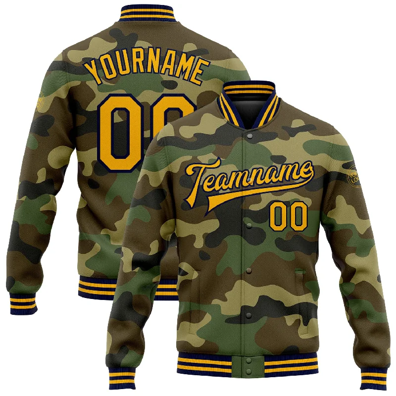 Sustainable Gender-Neutral Apparel Huge Price Cut Custom Camo Gold-Navy Bomber Full-Snap Varsity Letterman Salute To Service Jacket