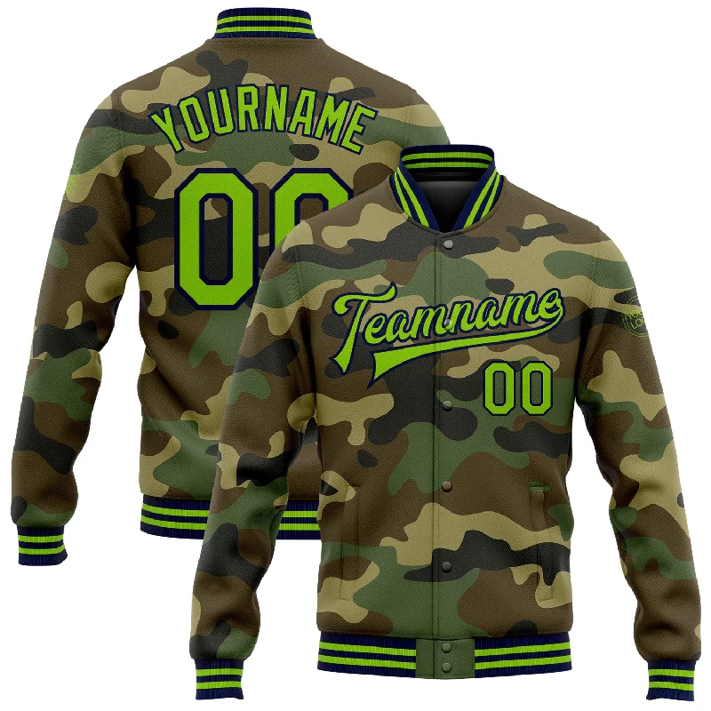All-Season Unisex Clothing Collection Flash Sale Starts Custom Camo Neon Green-Navy Bomber Full-Snap Varsity Letterman Salute To Service Jacket