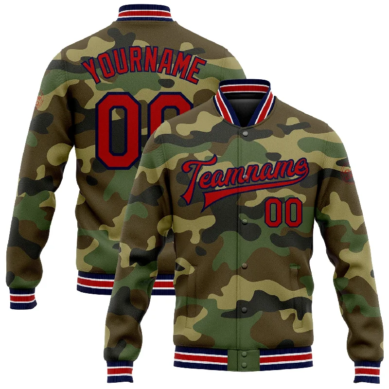 High-Quality Unisex Basics For All Occasions Seasonal Picks Custom Camo Red-Navy Bomber Full-Snap Varsity Letterman Salute To Service Jacket