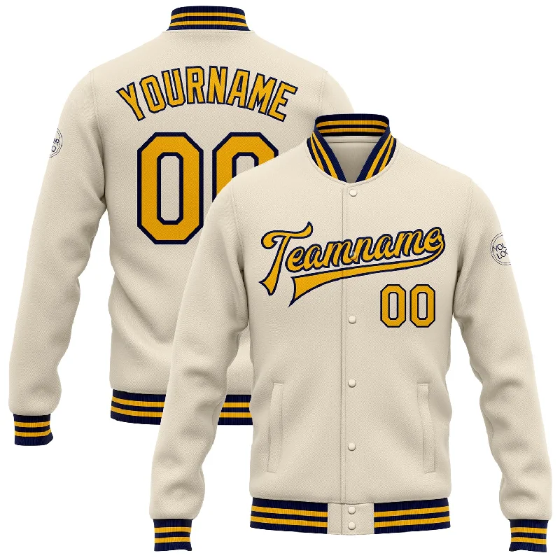 Fashion-Forward Unisex Apparel Massive Selection Sale Custom Cream Gold-Navy Bomber Full-Snap Varsity Letterman Jacket