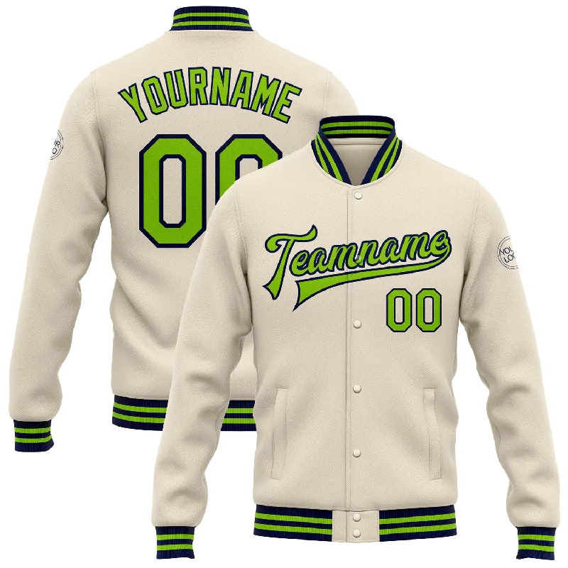 Contemporary Gender-Free Clothing Styles Shop Sales Custom Cream Neon Green-Navy Bomber Full-Snap Varsity Letterman Jacket