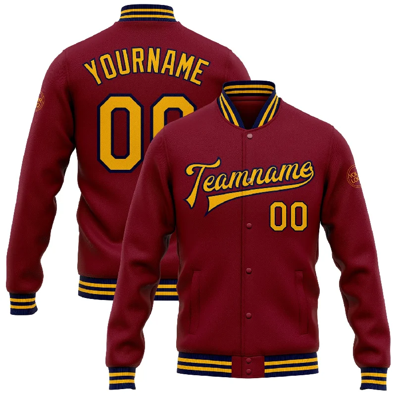 Casual Yet Sophisticated Unisex Fashion Bold Style Discounts Custom Crimson Gold-Navy Bomber Full-Snap Varsity Letterman Jacket
