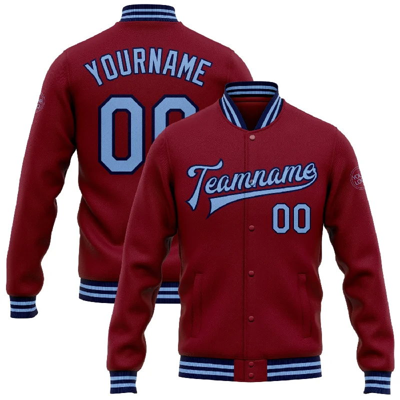 Effortless And Modern Unisex Dressing Vintage Style Deals Custom Crimson Light Blue-Navy Bomber Full-Snap Varsity Letterman Jacket