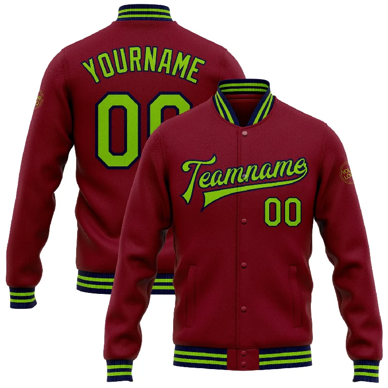 High-Quality Unisex Basics For All Occasions Sophisticated Style Offers Custom Crimson Neon Green-Navy Bomber Full-Snap Varsity Letterman Jacket