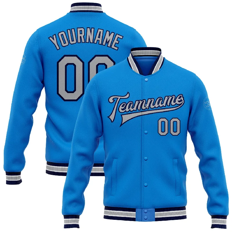 Sleek And Contemporary Gender-Free Outfits Everyday Elegance Sale Custom Powder Blue Gray-Navy Bomber Full-Snap Varsity Letterman Jacket