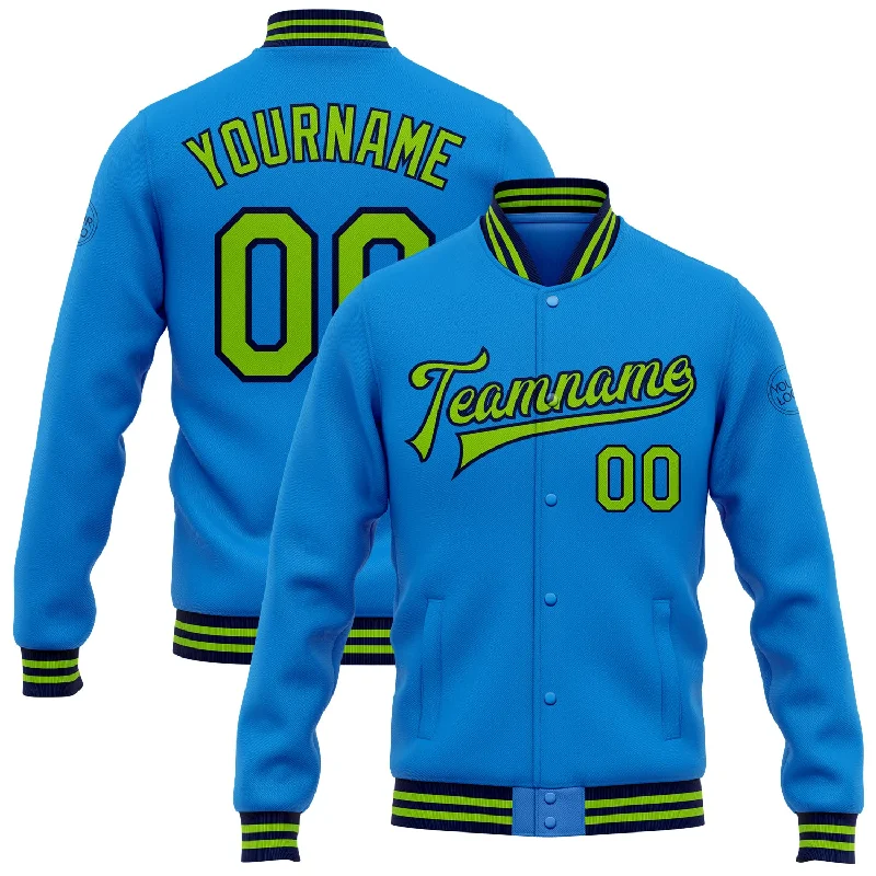Fashion-Forward Unisex Apparel Romantic Chic Deals Custom Powder Blue Neon Green-Navy Bomber Full-Snap Varsity Letterman Jacket