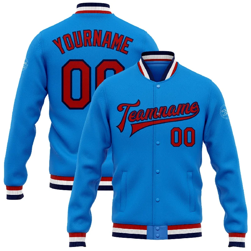 Modern Unisex Streetwear Outfits Explore What'S New Custom Powder Blue Red-Navy Bomber Full-Snap Varsity Letterman Jacket
