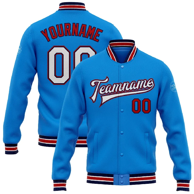 Functional And Stylish Unisex Wear Relaxed Style Deals Custom Powder Blue White Navy-Red Bomber Full-Snap Varsity Letterman Jacket