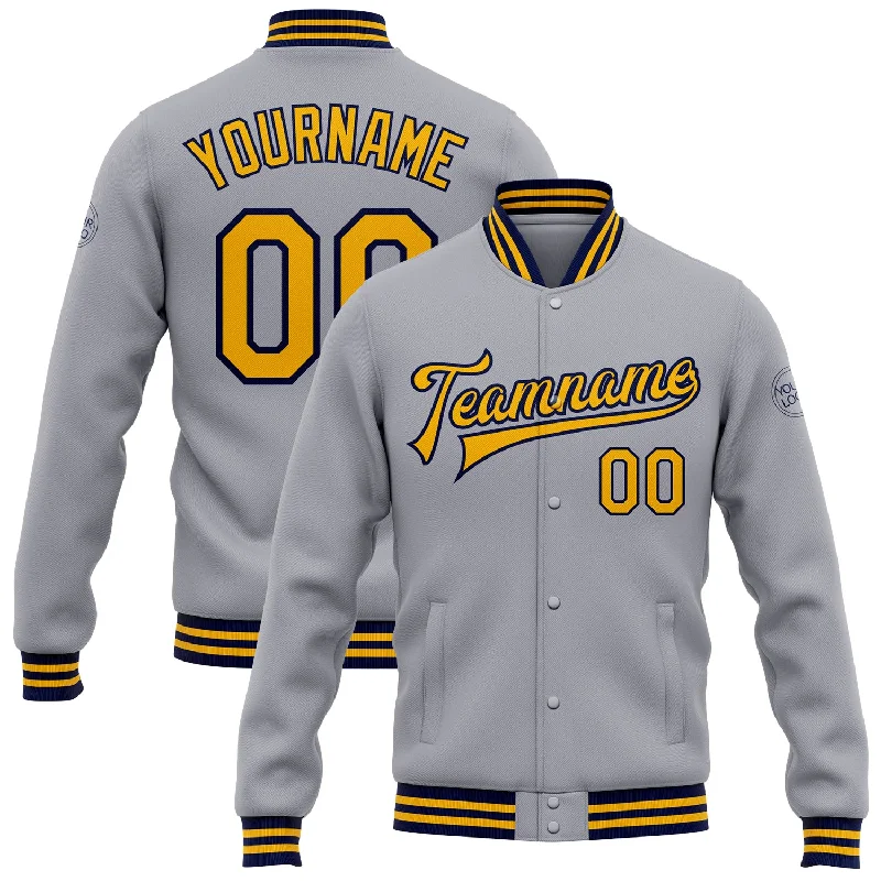Sustainable Gender-Neutral Apparel Urban Fashion Custom Gray Gold-Navy Bomber Full-Snap Varsity Letterman Jacket