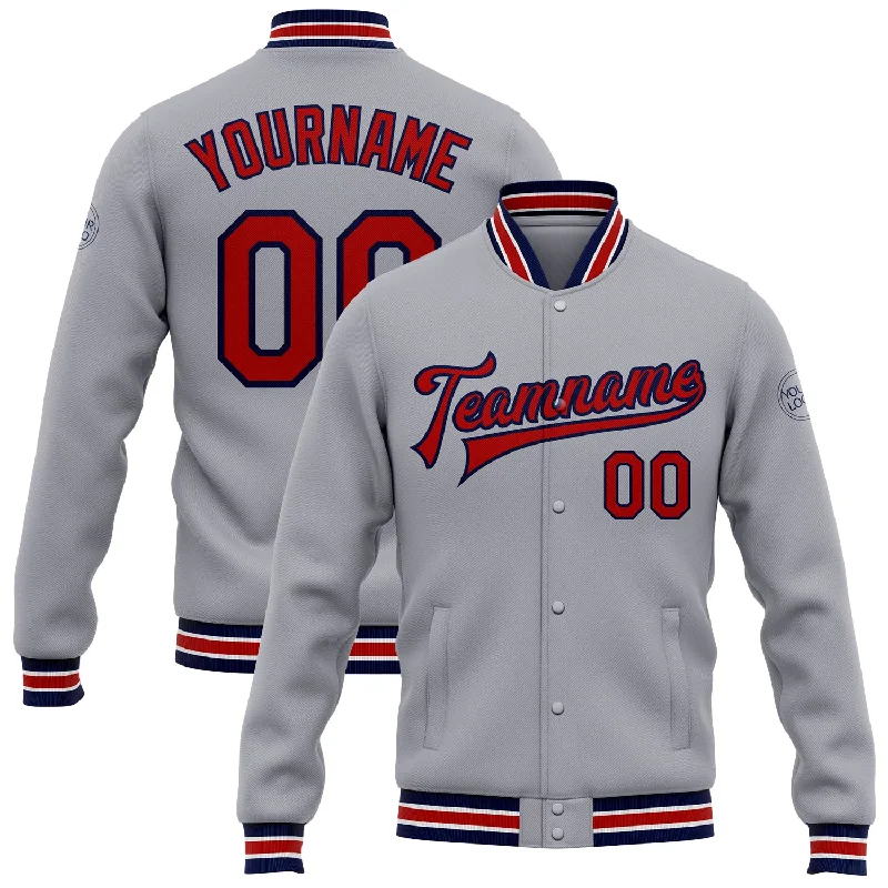 Versatile And Stylish Unisex Apparel Stylish Looks Custom Gray Red-Navy Bomber Full-Snap Varsity Letterman Jacket