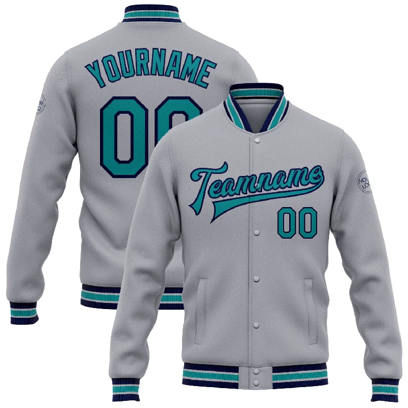 Elegant And Minimal Gender-Free Clothing Chic Styles Custom Gray Teal-Navy Bomber Full-Snap Varsity Letterman Jacket