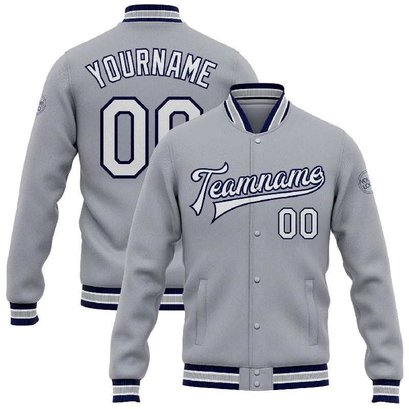 Unisex Everyday Fashion Essentials Cool Prices Custom Gray White-Navy Bomber Full-Snap Varsity Letterman Jacket