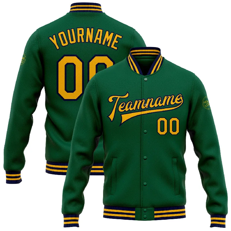 Chic And Contemporary Unisex Clothing Choices Embrace New Fashion Custom Kelly Green Gold-Navy Bomber Full-Snap Varsity Letterman Jacket