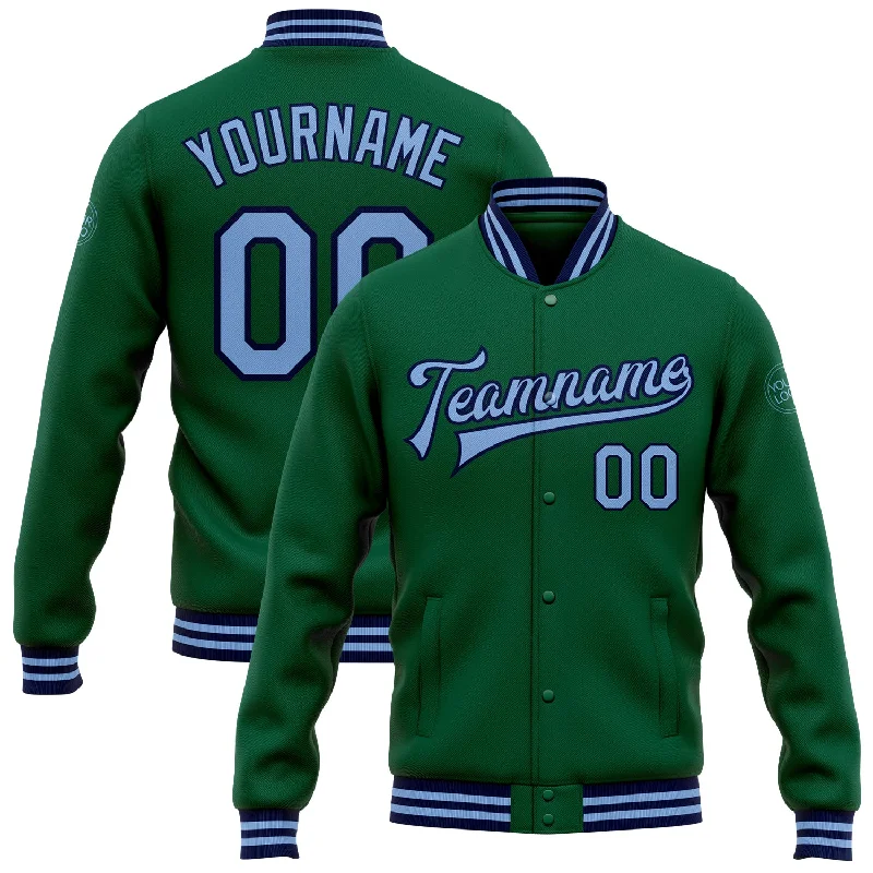 Minimalist Unisex Fashion Must-Haves Fall Sale, Prices Drop Custom Kelly Green Light Blue-Navy Bomber Full-Snap Varsity Letterman Jacket