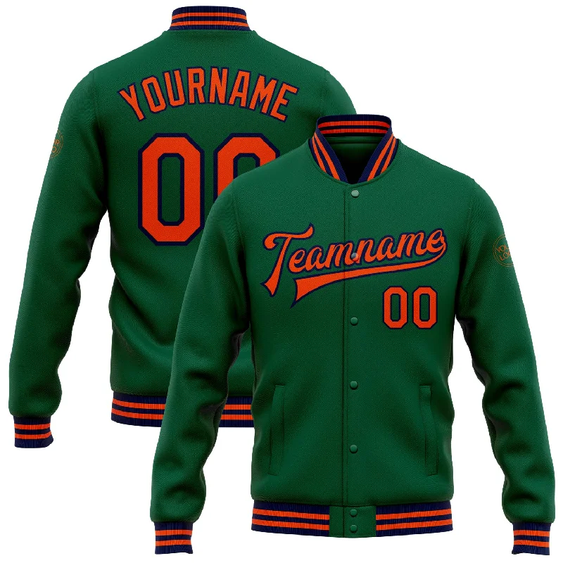 Relaxed-Fit Unisex Fashion For All-Day Comfort The Latest Trends Custom Kelly Green Orange-Navy Bomber Full-Snap Varsity Letterman Jacket