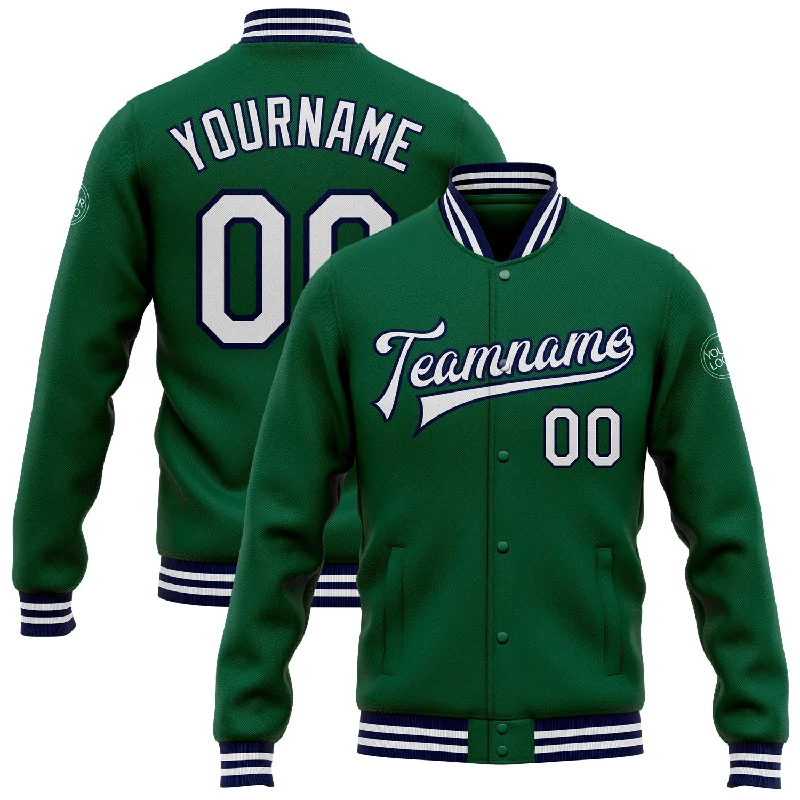 Elegant And Minimal Gender-Free Clothing Trendy Pulse Custom Kelly Green White-Navy Bomber Full-Snap Varsity Letterman Jacket
